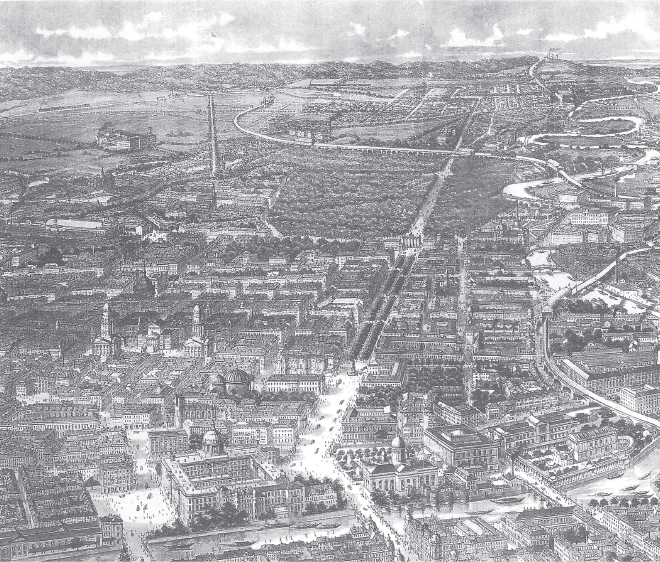 Vogelschau um 1880 auf die Kulturmgistrale